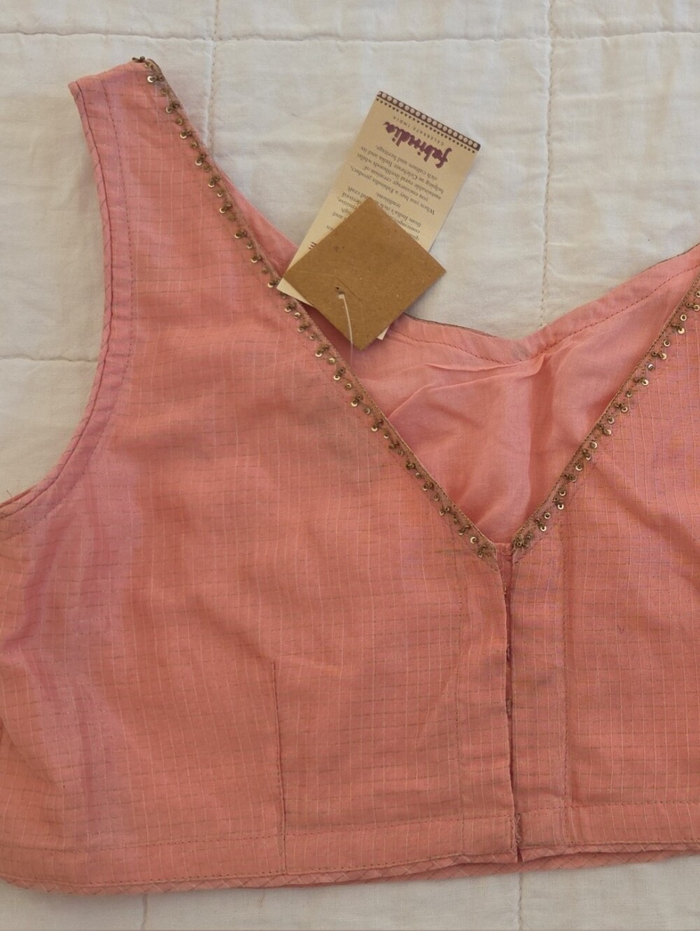 fabindia Soft Pink Cotton Saree Blouse with Subtle Bead Trim